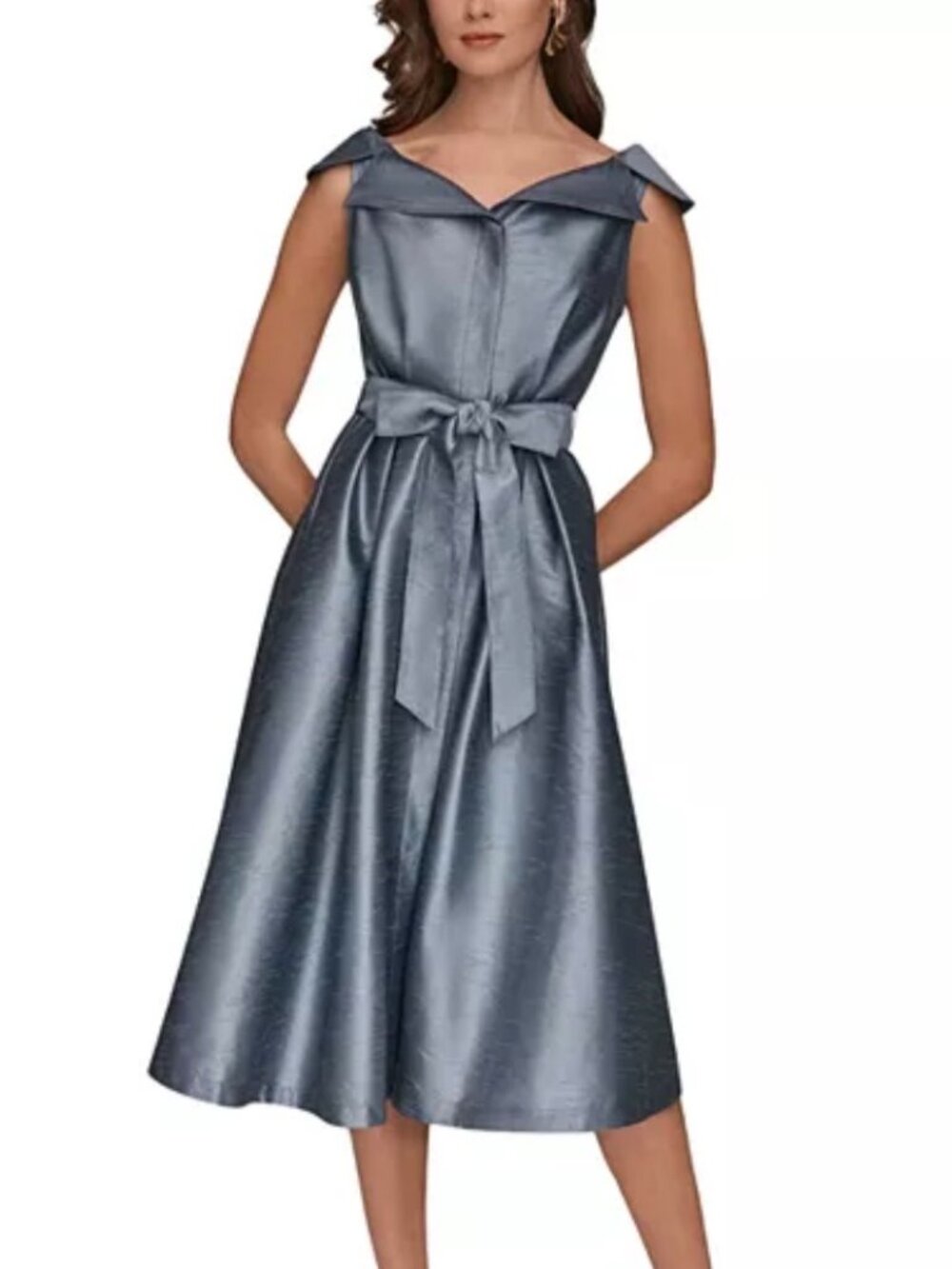 NWT Donna Karan New York Steel Blue V-Neck Belted Midi Dress. Size 10